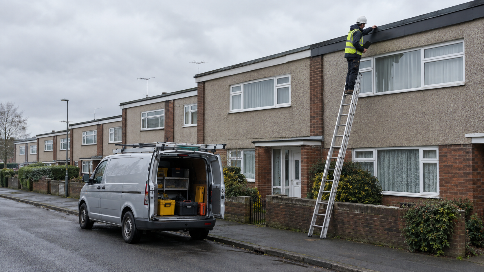 Row of 1960s flat-roofed ex-council houses being inspected for RAAC by a surveyor