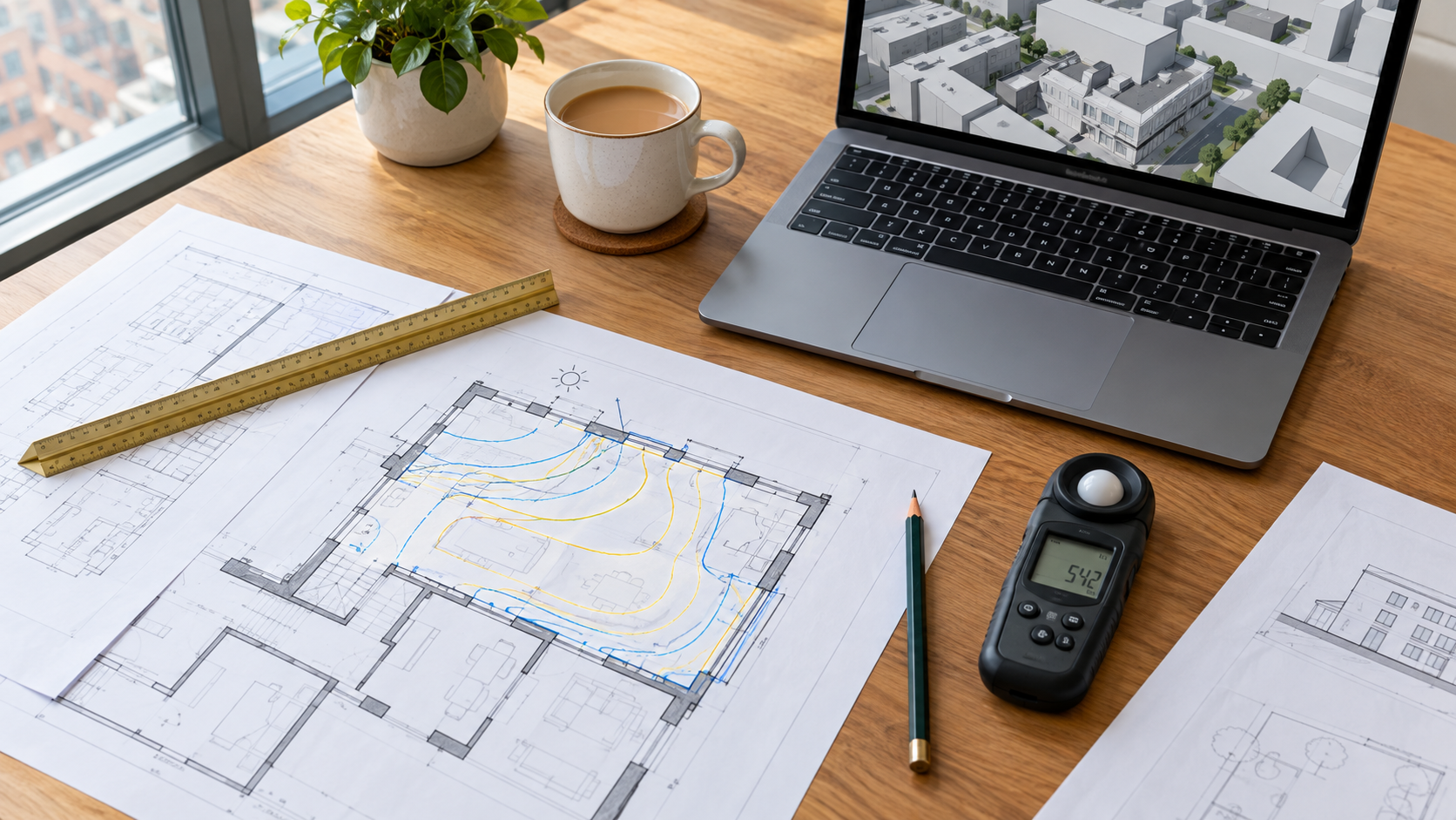 Surveyor's desk with floor plans, daylight contour and light meter used in a right to light assessment