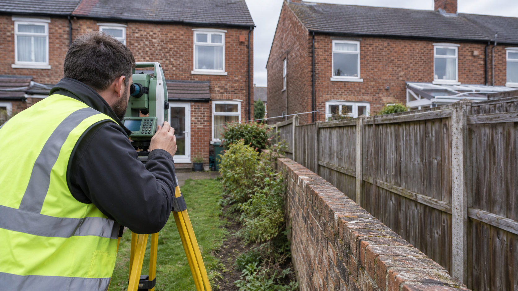 Surveyor measuring a garden boundary between two houses for an adverse possession claim