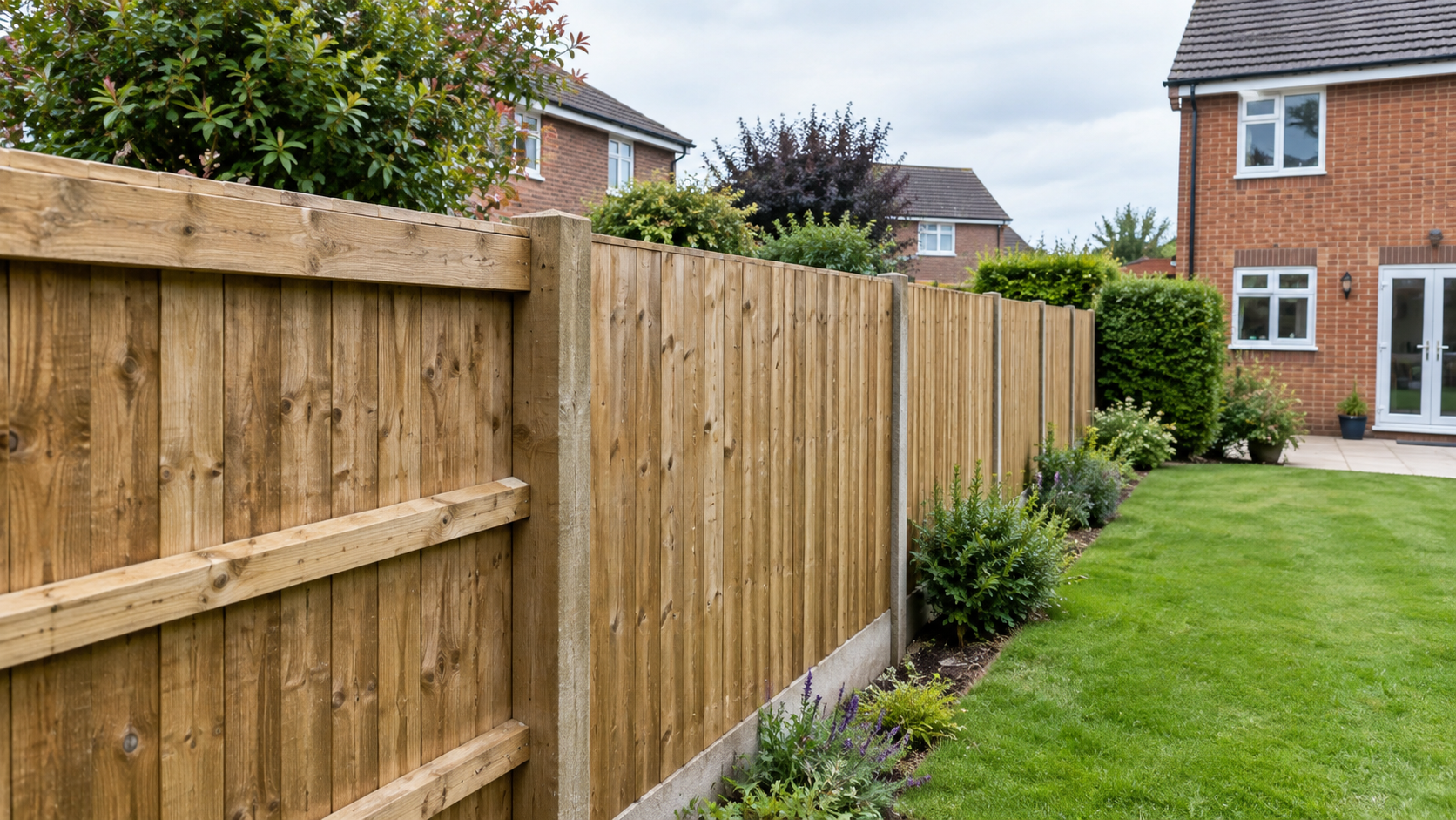 Which side of the fence is mine? A closeboard boundary fence between neighbouring UK gardens Timber boundary fence between two UK gardens showing which side of the fence is mine