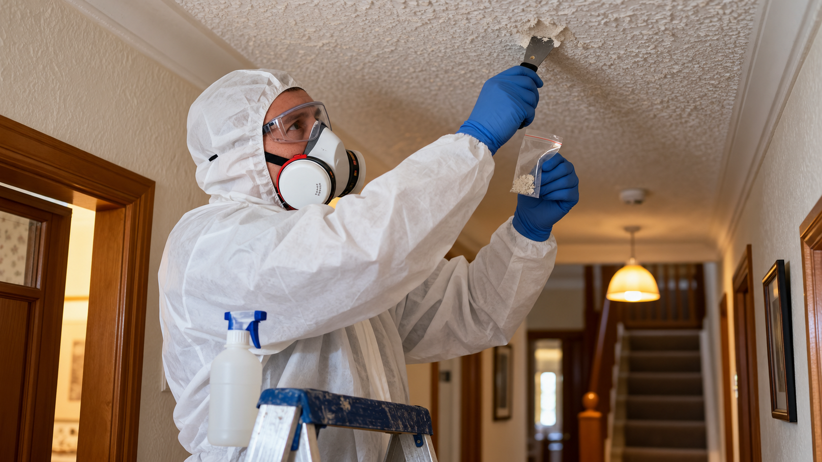 Asbestos surveyor taking a sample from an Artex ceiling for laboratory testing
