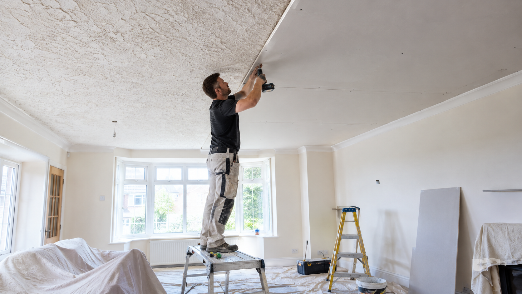 Plasterer overboarding an old Artex ceiling with plasterboard to encapsulate asbestos