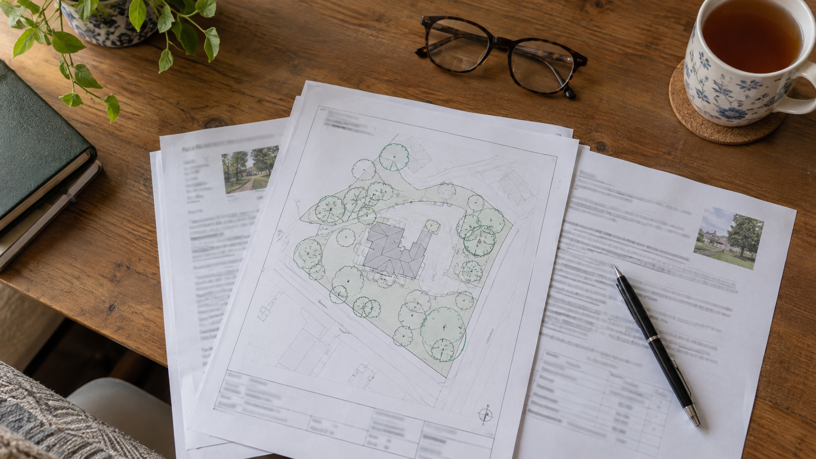Tree works application paperwork and site plan showing protected trees on a desk