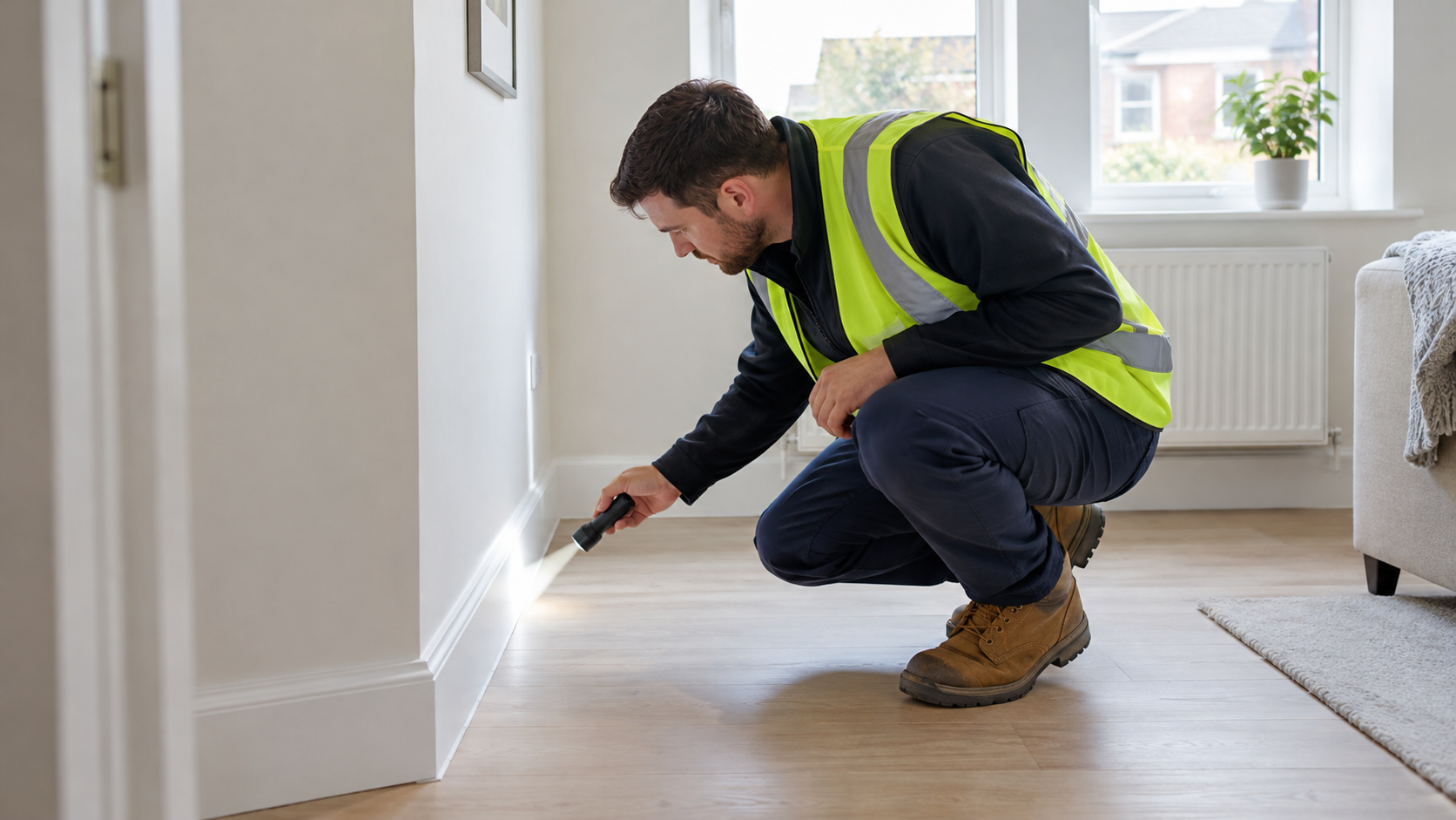 Surveyor inspecting a skirting board and wall junction with a torch during a visual Level 1 survey inspection