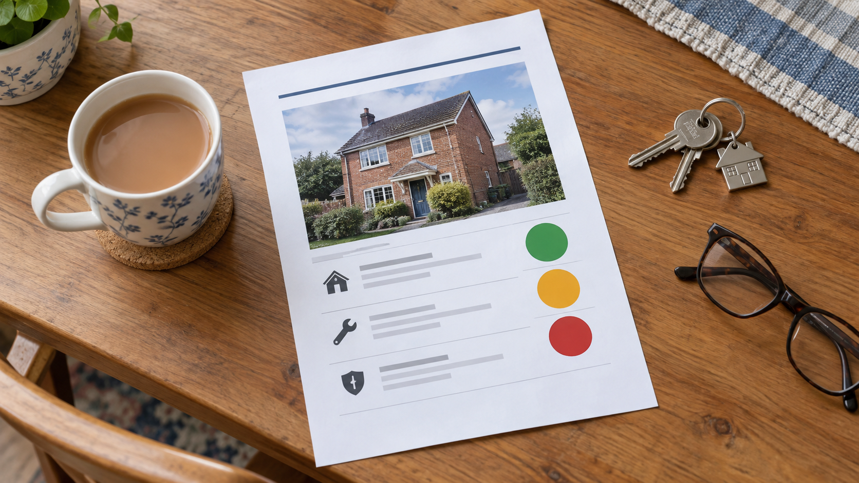 Printed Level 1 survey condition report showing green, amber and red condition ratings on a kitchen table