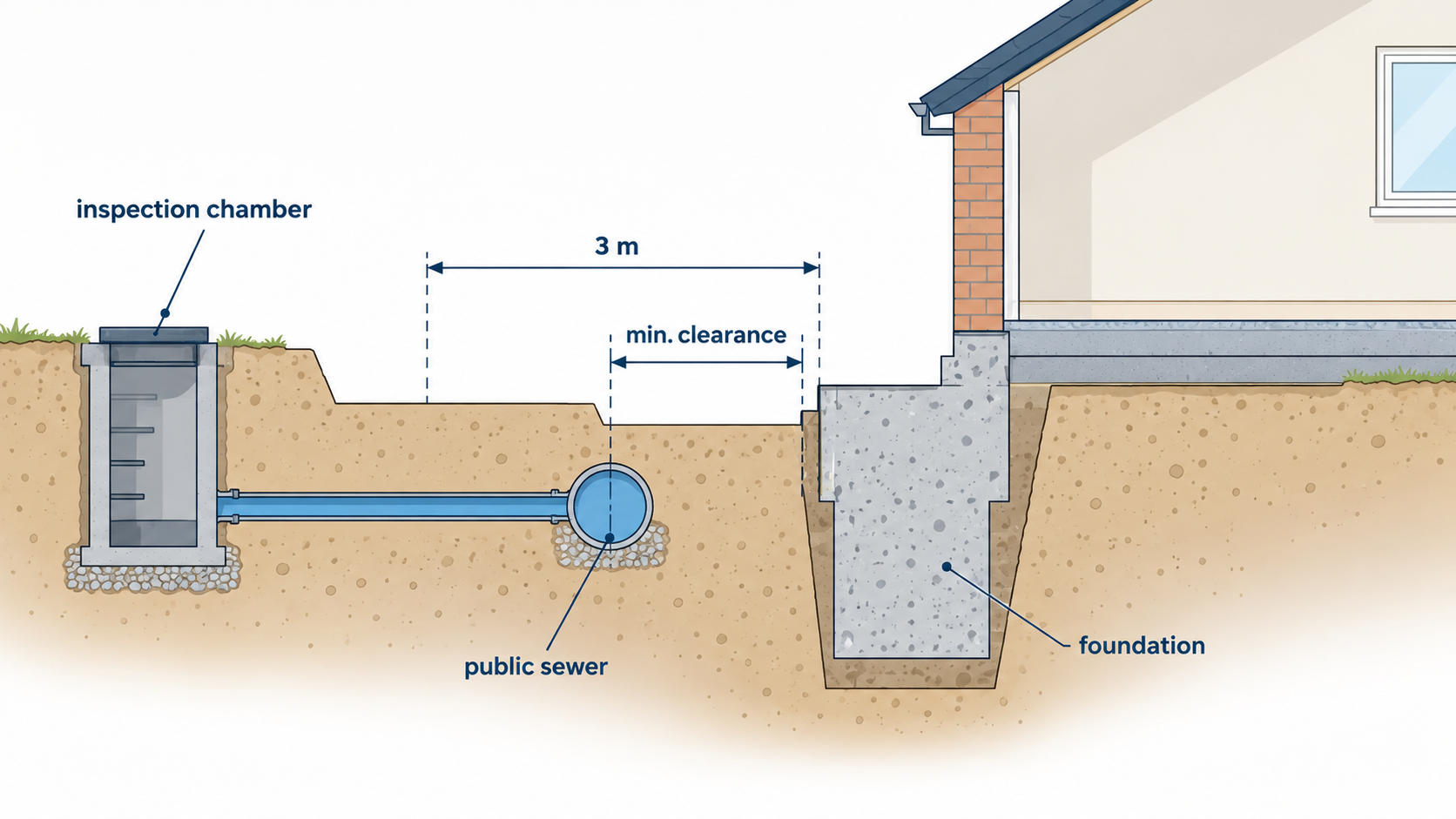 Cross-section diagram showing the 3 metre build over agreement zone between a public sewer and an extension foundation, with the inspection chamber relocated outside the footprint