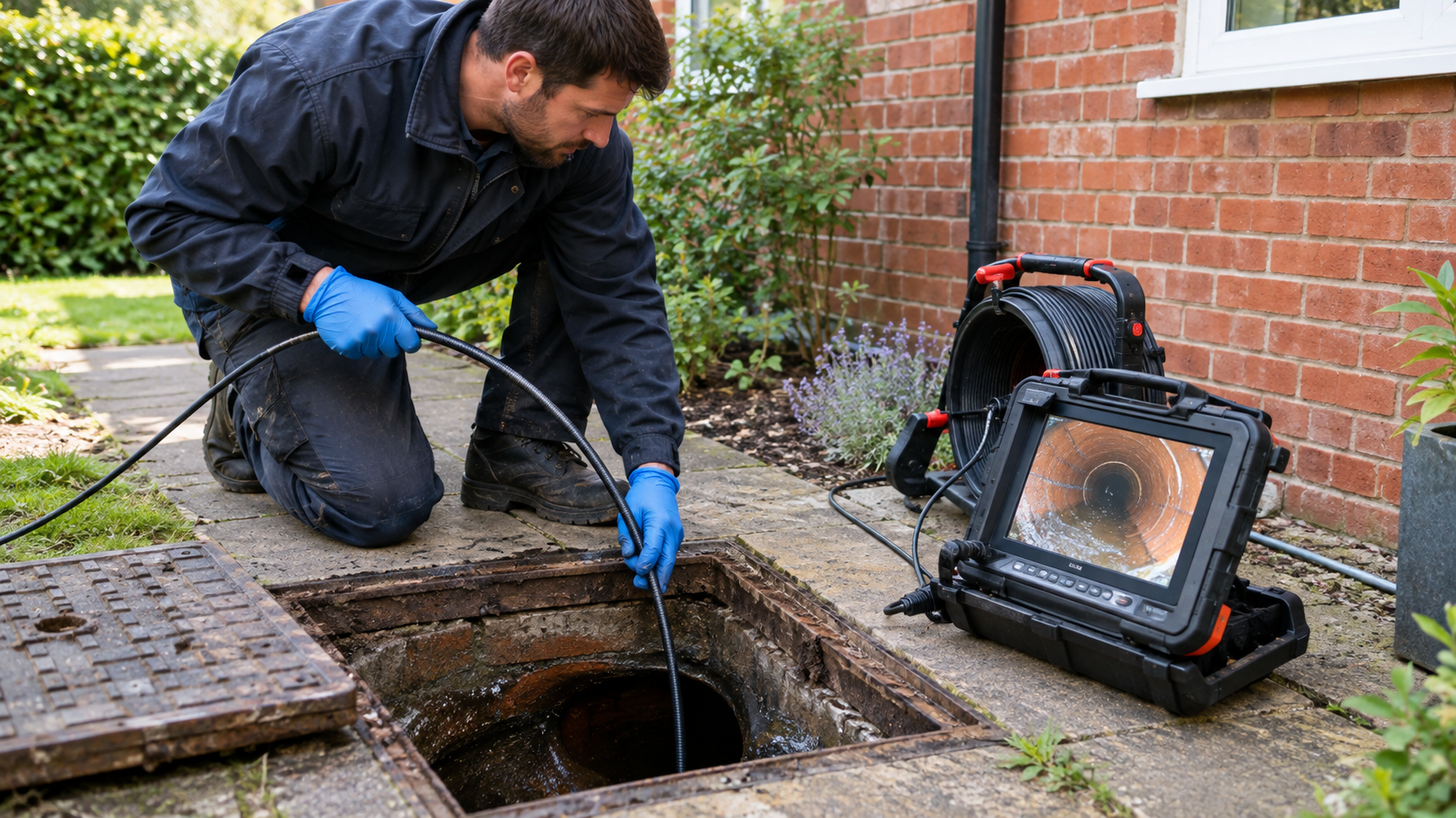 Drainage engineer carrying out a CCTV drain survey at an inspection chamber ahead of a build over application