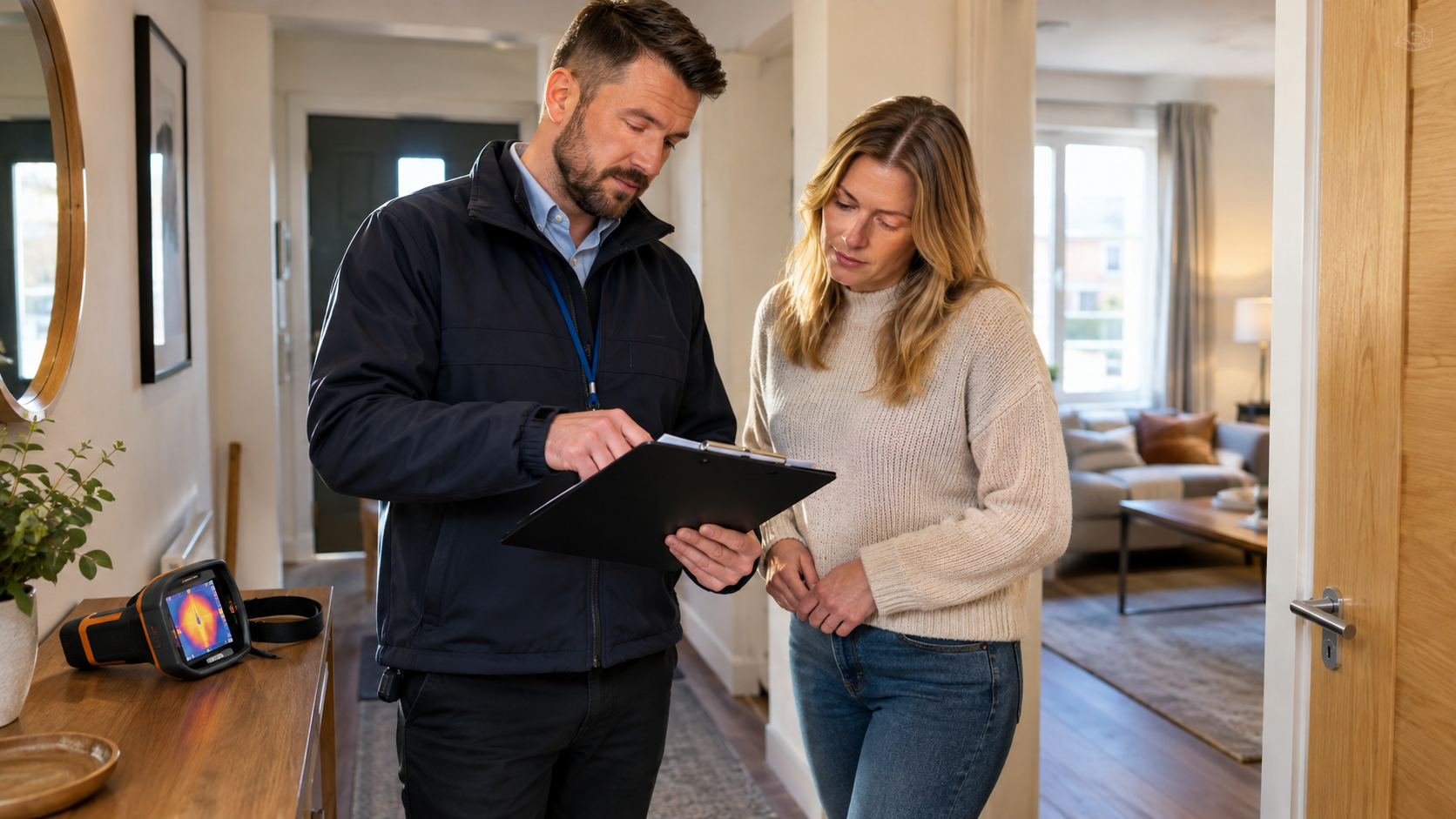 Landlord and tenant reviewing a surveyor's written summary of findings required by Awaab's Law