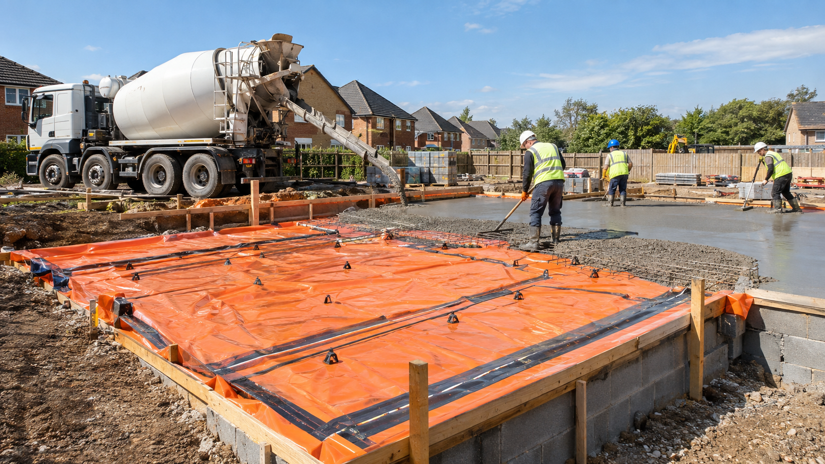 Radon-proof membrane being laid beneath a new-build concrete ground floor slab on a UK housing site