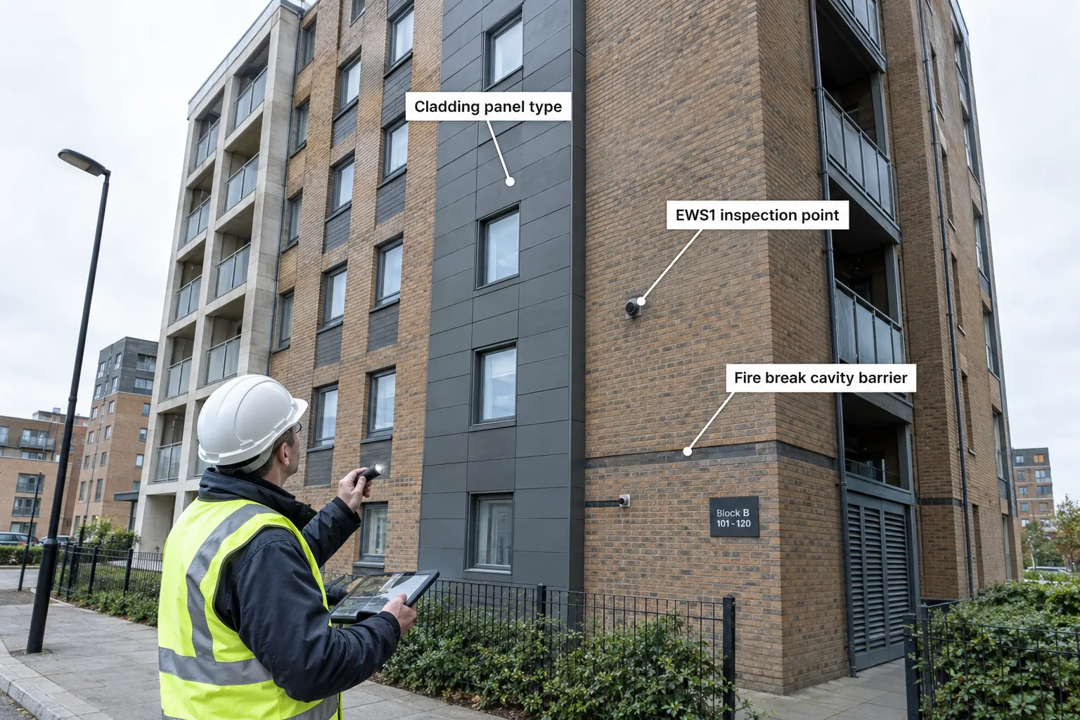 Building surveyor inspecting the external wall of a medium-rise UK residential block