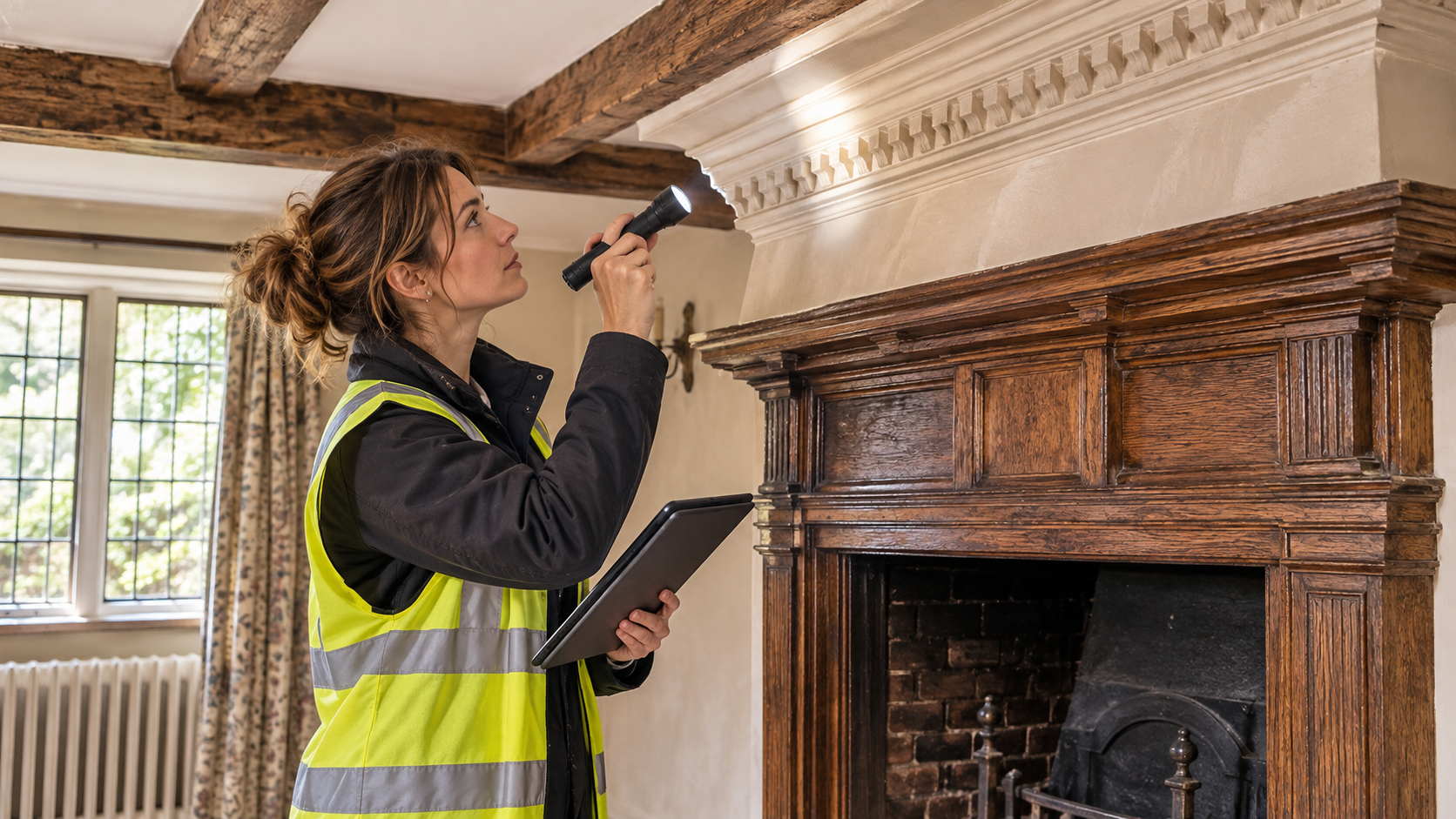 Building surveyor inspecting original fireplace and cornicing inside a listed house