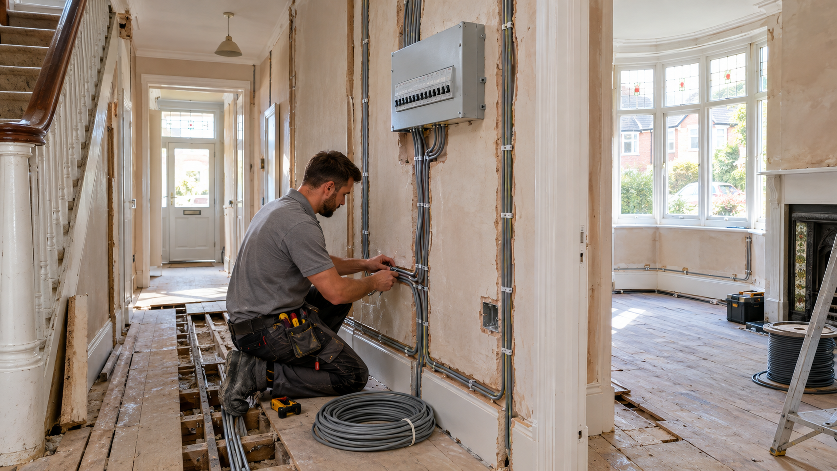 Full house rewire in a 1930s UK home Cost to rewire a house UK 2026: electrician carrying out a full rewire in a 1930s British home
