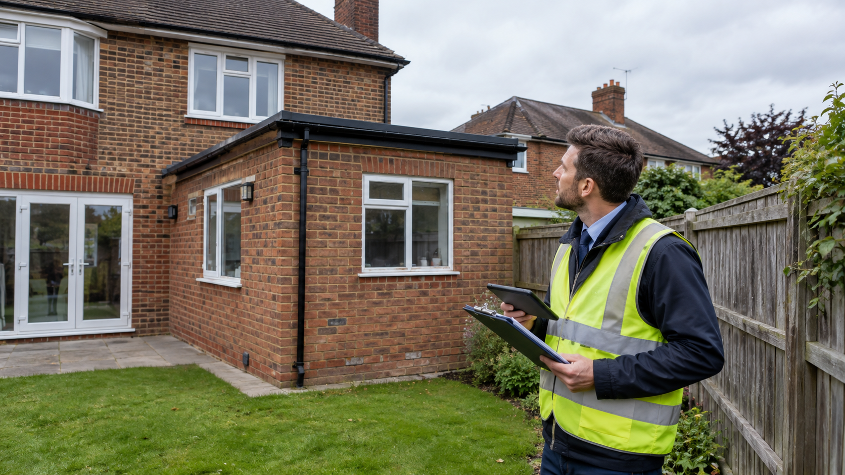 Building surveyor inspecting a boundary fence and extension declared on a TA6 form