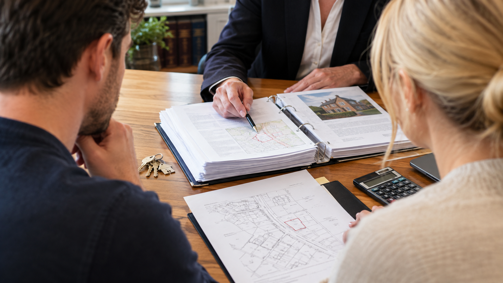 Buyers reviewing an auction legal pack with a solicitor before bidding