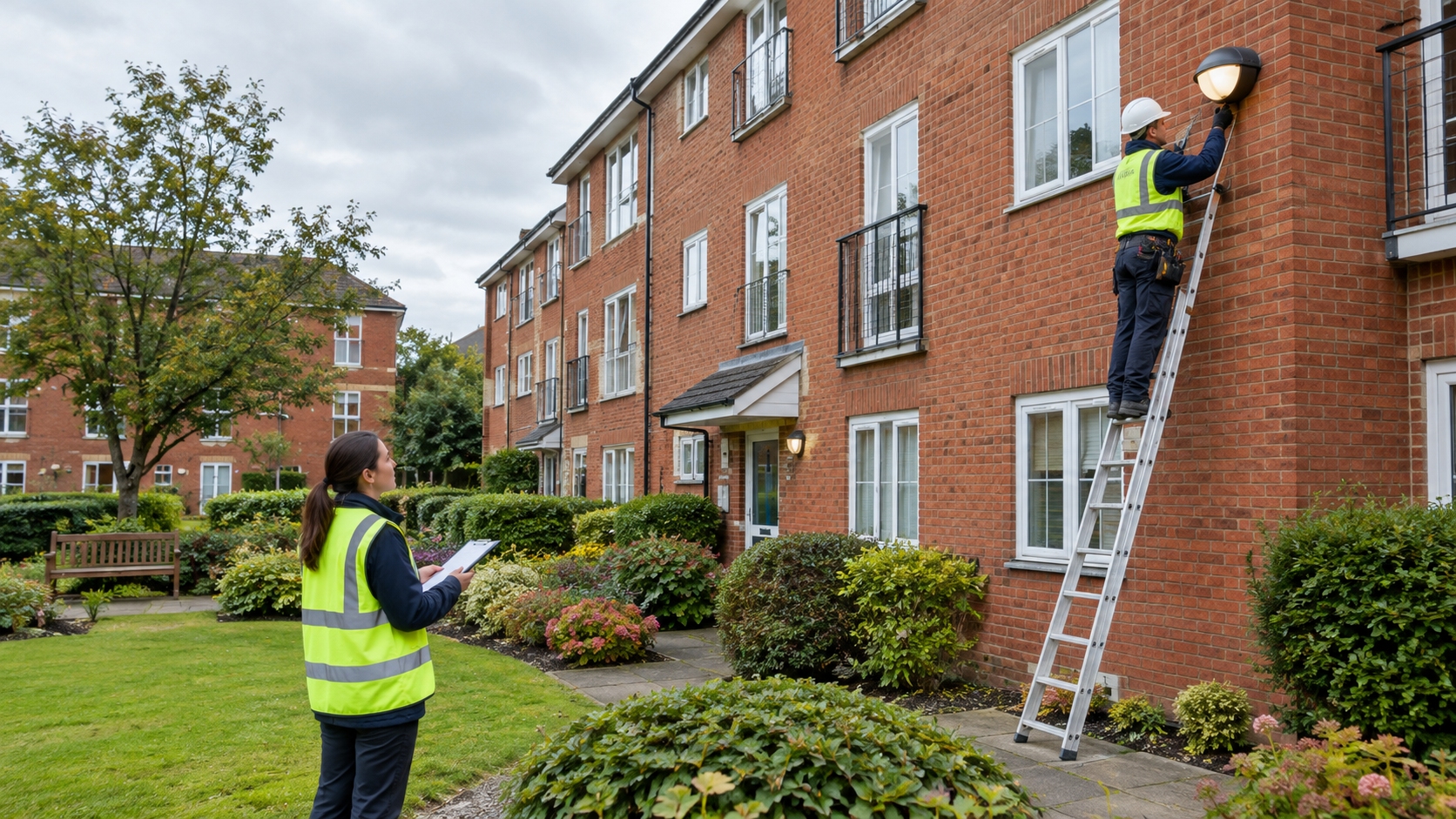 Managing agent inspecting a UK block of flats while a contractor maintains communal lighting funded by service charges