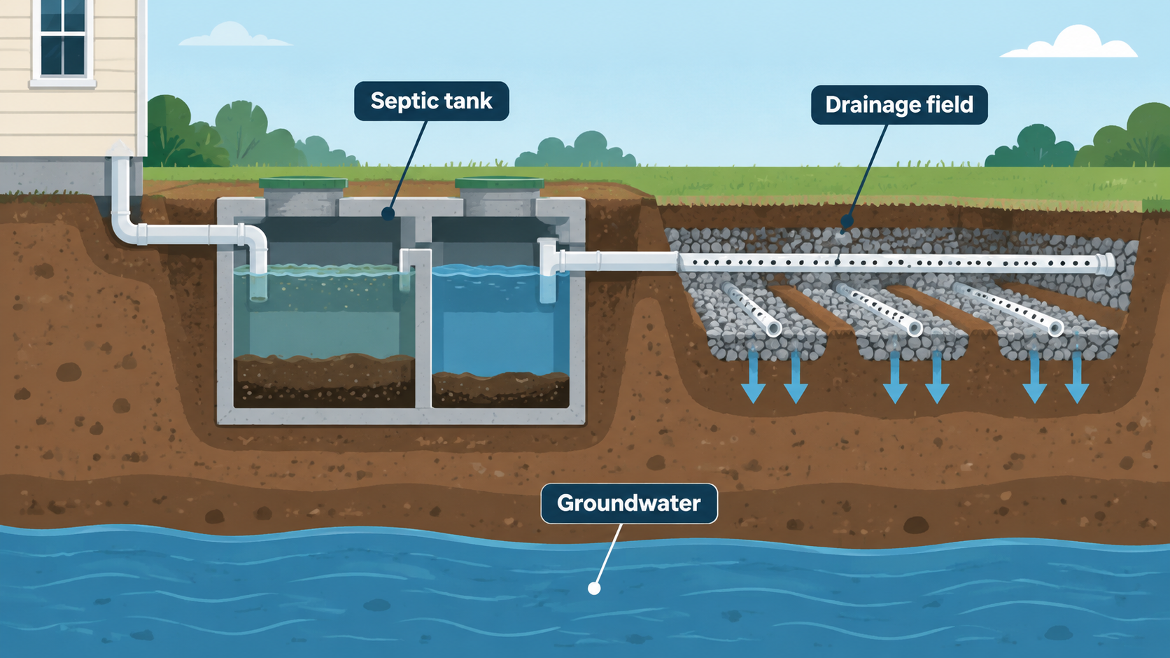 Cutaway diagram showing a septic tank, drainage field and groundwater