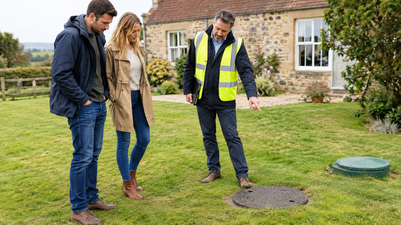 Surveyor explaining a private septic tank system to prospective home buyers