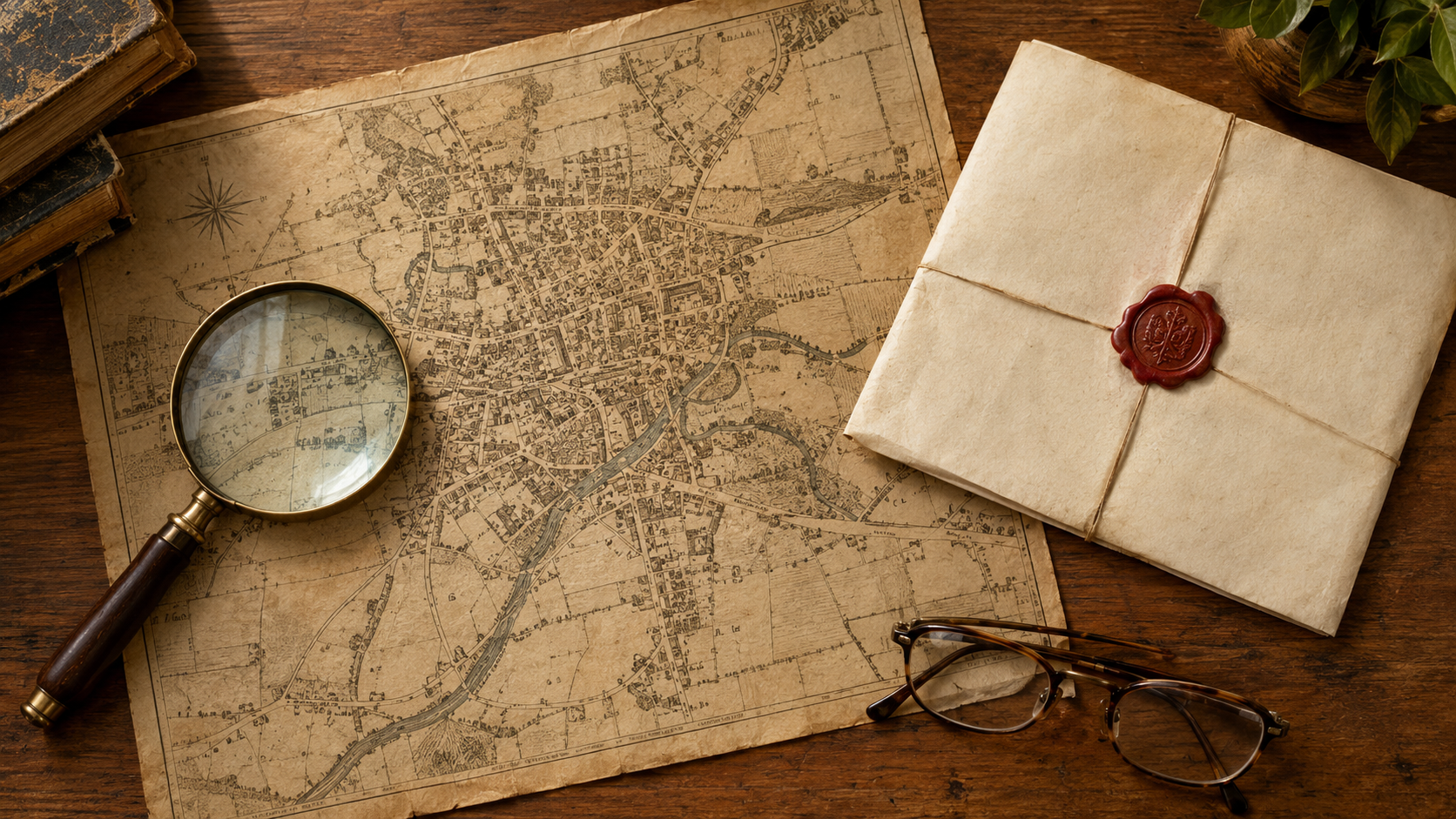 Researching a house's build date with maps and title deeds Historic map, old title deed and magnifying glass used to research when a house was built