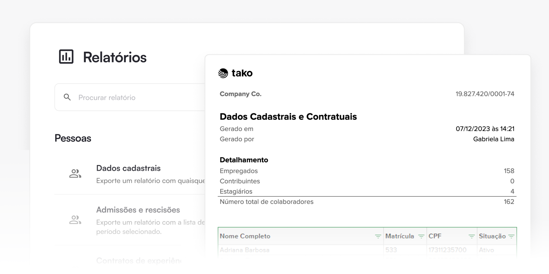 Imagem com uma tela de exportação de relatórios e uma prévia de um relatório sobreposta por cima.