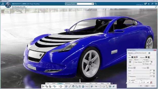 Blue 3D rendering of a car in Catia V5 software