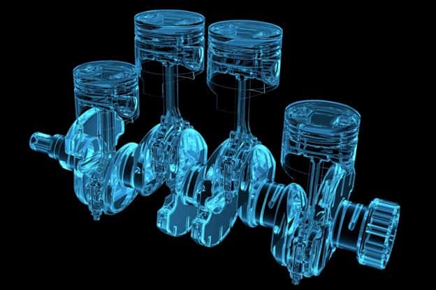 3D line drawing of an engine crankshaft and pistons