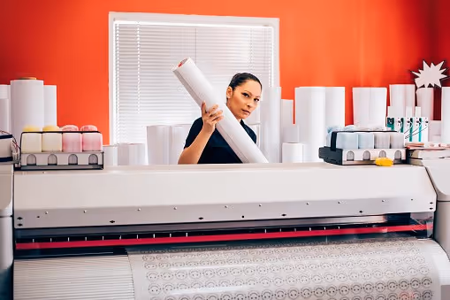 Young woman technician working on plotter and cutter machine in printing centar