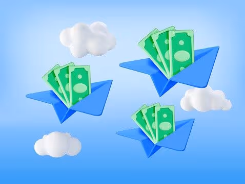 3D Paper Plane with Dollar Banknotes Inside. Render Paper Airplane with Cash Money. Concept of Money Transfers, Transactions, Online Banking and Payments. Vector Illustration