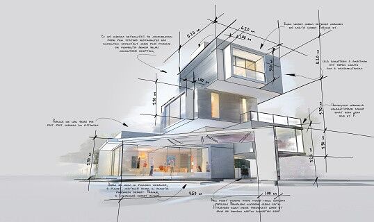 Architecture project showing different design phases, from rough sketch, construction specifications to realistic 3D rendering. The writing is dummy text.