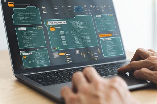 Engineer working with database for digital data design or cyberspace network and connection. Information science system analysis, planning and development. Big data program software management concept