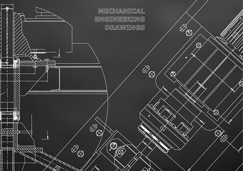 Mechanical engineering drawings. Technical Design. Instrument making. Blueprints. Black background