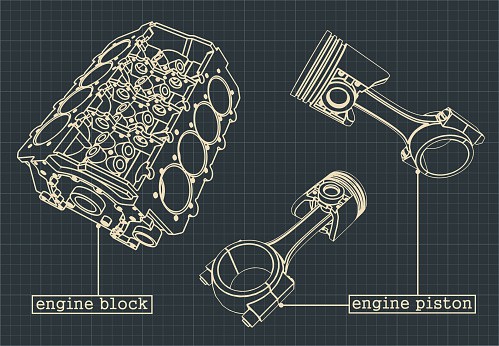 Stylized vector illustration of the drawings of the cylinder block of the v-engine and the cylinders themselves