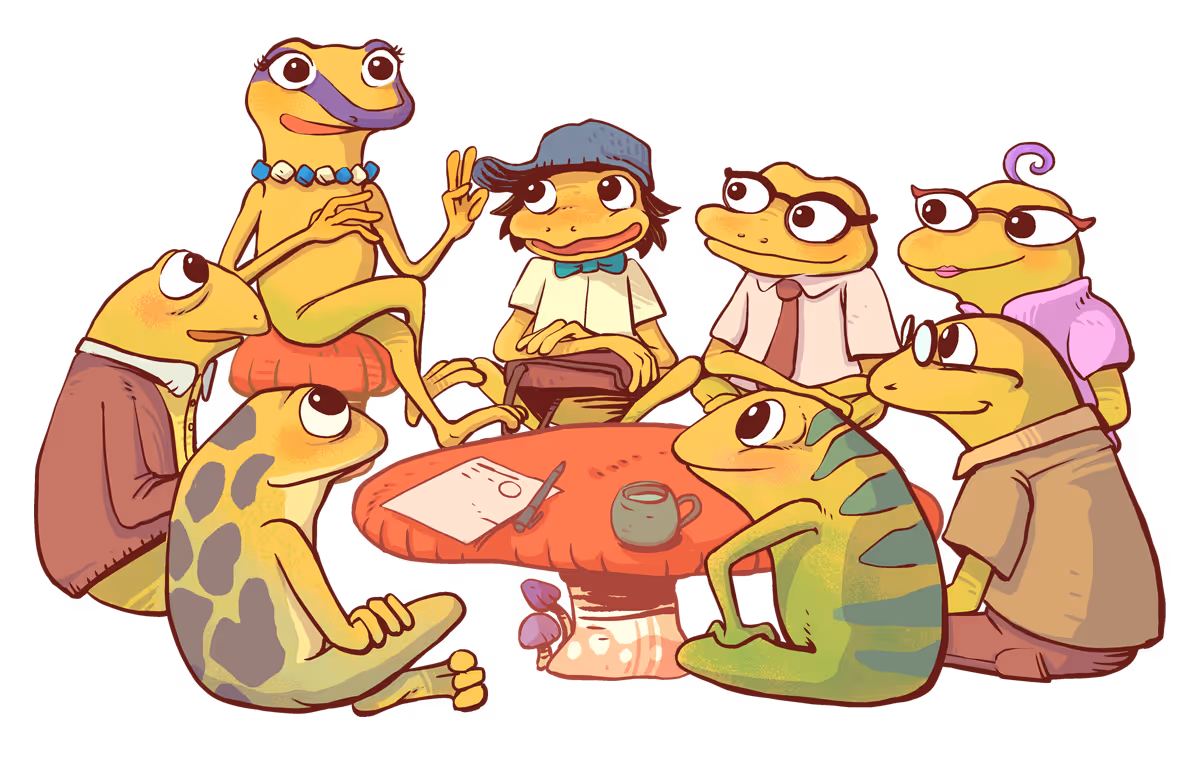 Misty talking with group of other frogs.