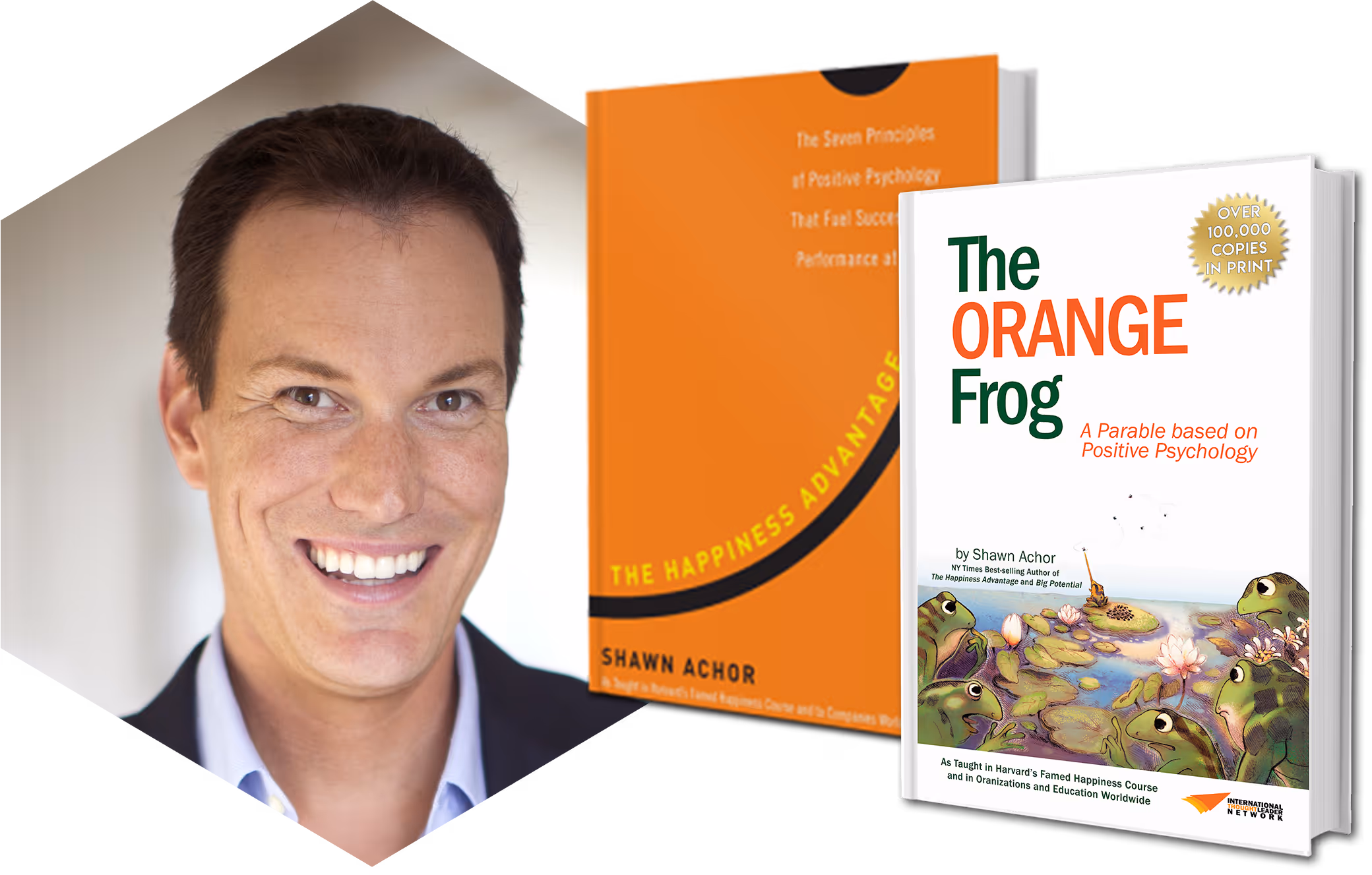 Shawn Achor headshot beside Happiness Advantage and Orange Frog books.