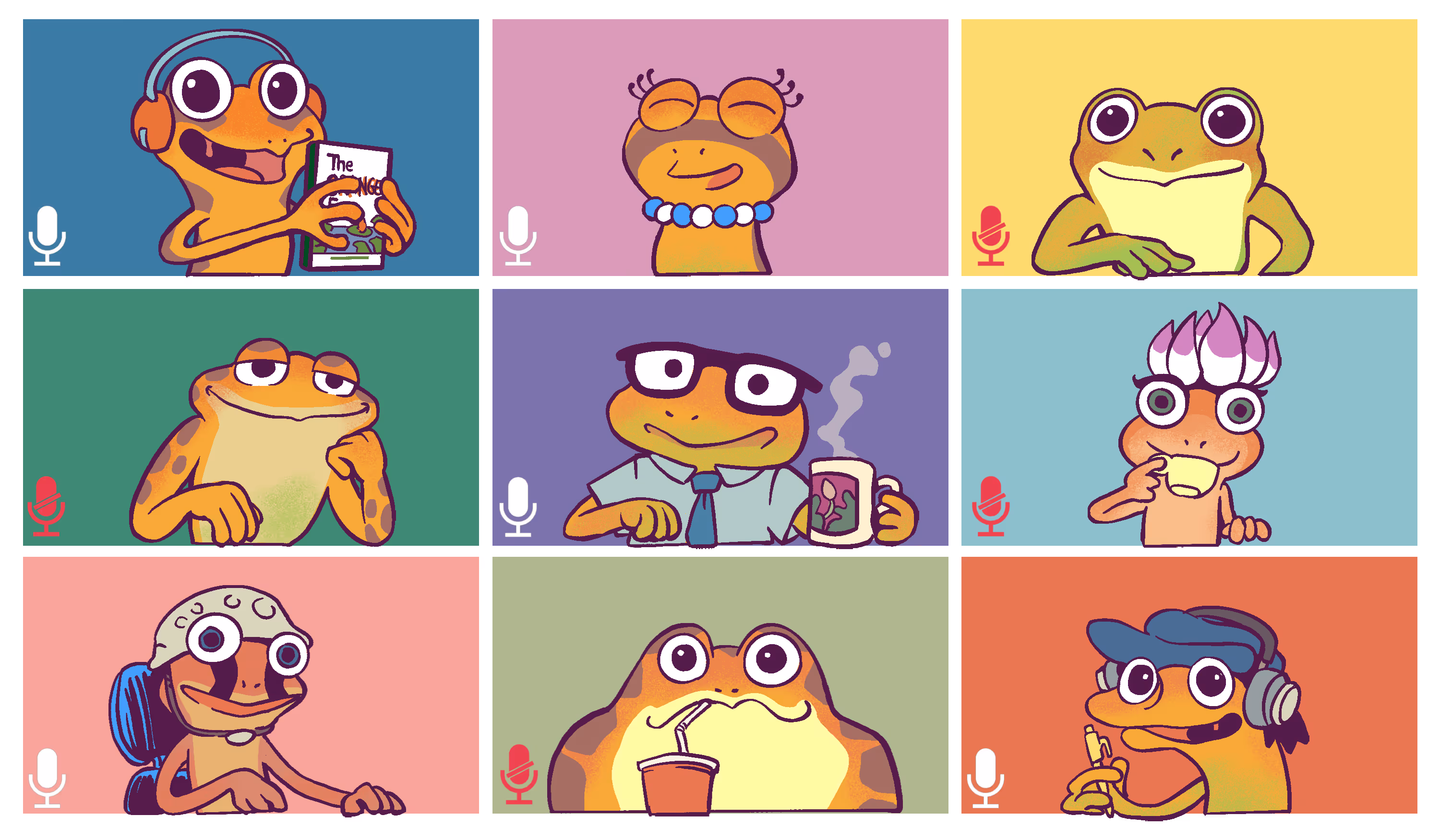 3x3 grid of frogs on a Zoom call