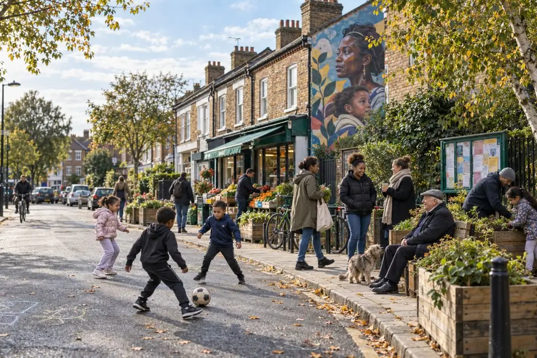 Residents on a busy neighbourhood high street: children playing football, neighbours chatting outside a greengrocer, a mural and community planters