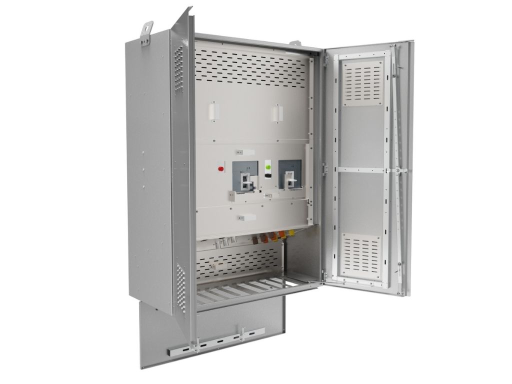 A wall-mounted generator connection box without Camlok connectors, featuring a weatherproof enclosure, multiple hardwired connection points, and a compact design for secure and reliable power distribution in industrial and commercial settings.