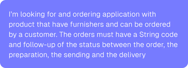 Texte décrivant une application de commande de produits avec options de fourniture, y compris le suivi de l'état de la commande via un code à chaîne.