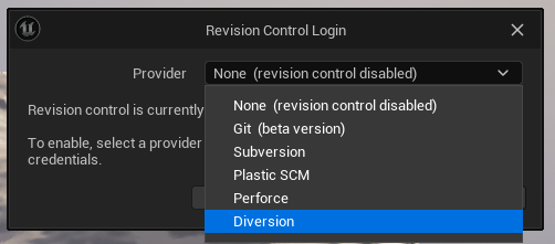 selecting “Connect to Revision Control” - picking Diversion