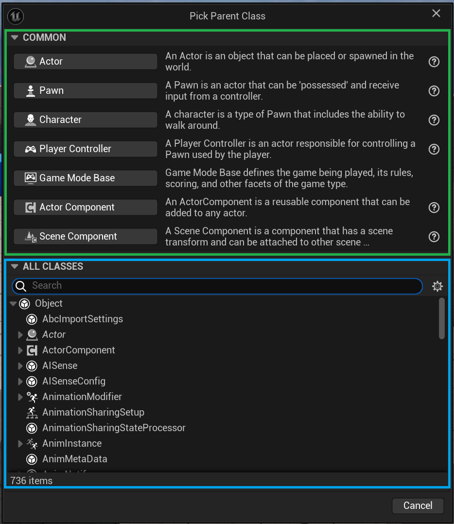 options of classes to choose from