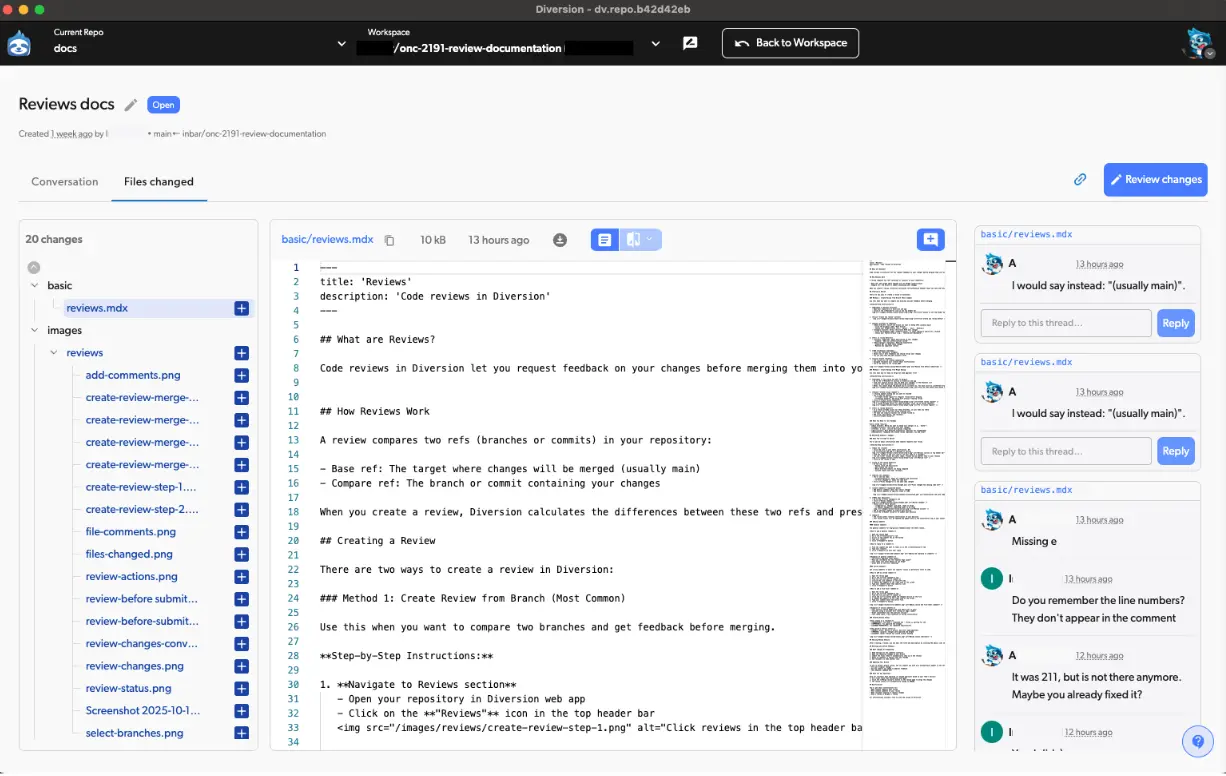 diversion version control reviews system screenshot
