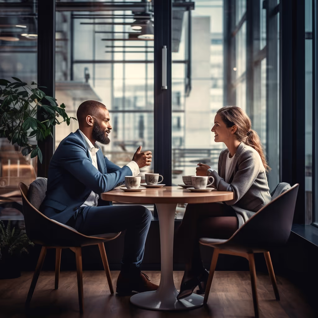A man and woman discussing business at a coffee shop representing coaching for CEOs