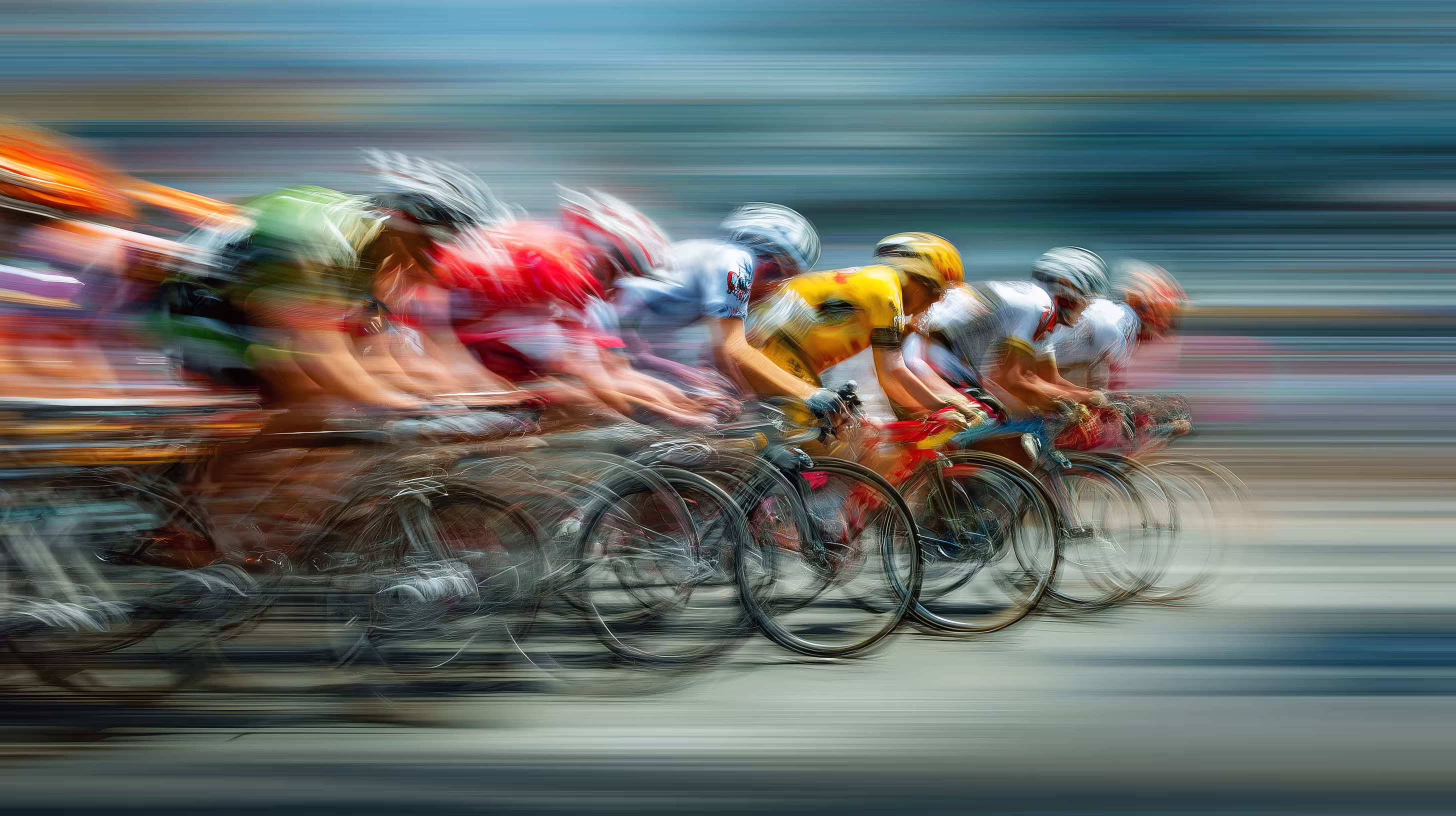 Human capital management solutions for high performing teams represented by colorful, fast moving biker group speeding down the highway