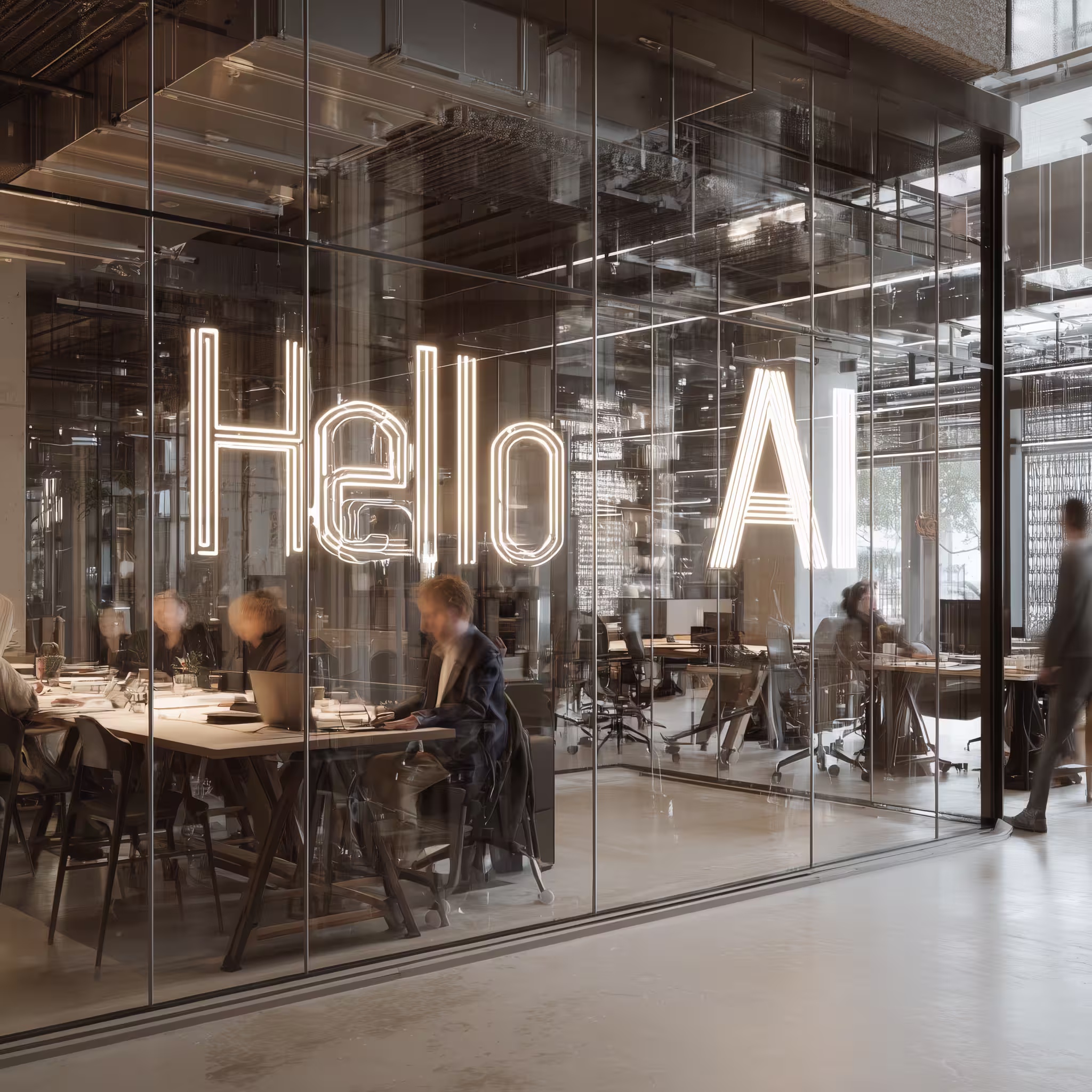 Human capital management solutions represented by AI-enabled People Operations with Hello AI lit on the conference room I CPO PLAYBOOK