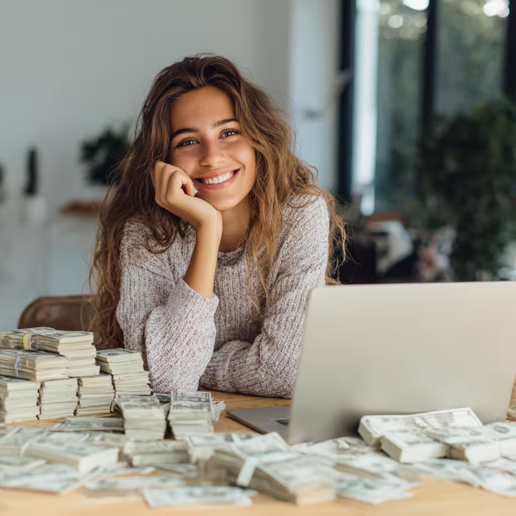 Human capital management solutions represented by Total Rewards Strategy with girl smiling surrounded by table of money I CPO PLAYBOOK