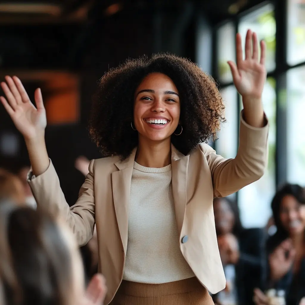 African American woman smiling in the workplace, expressing gratitude and positivity while embracing AI.