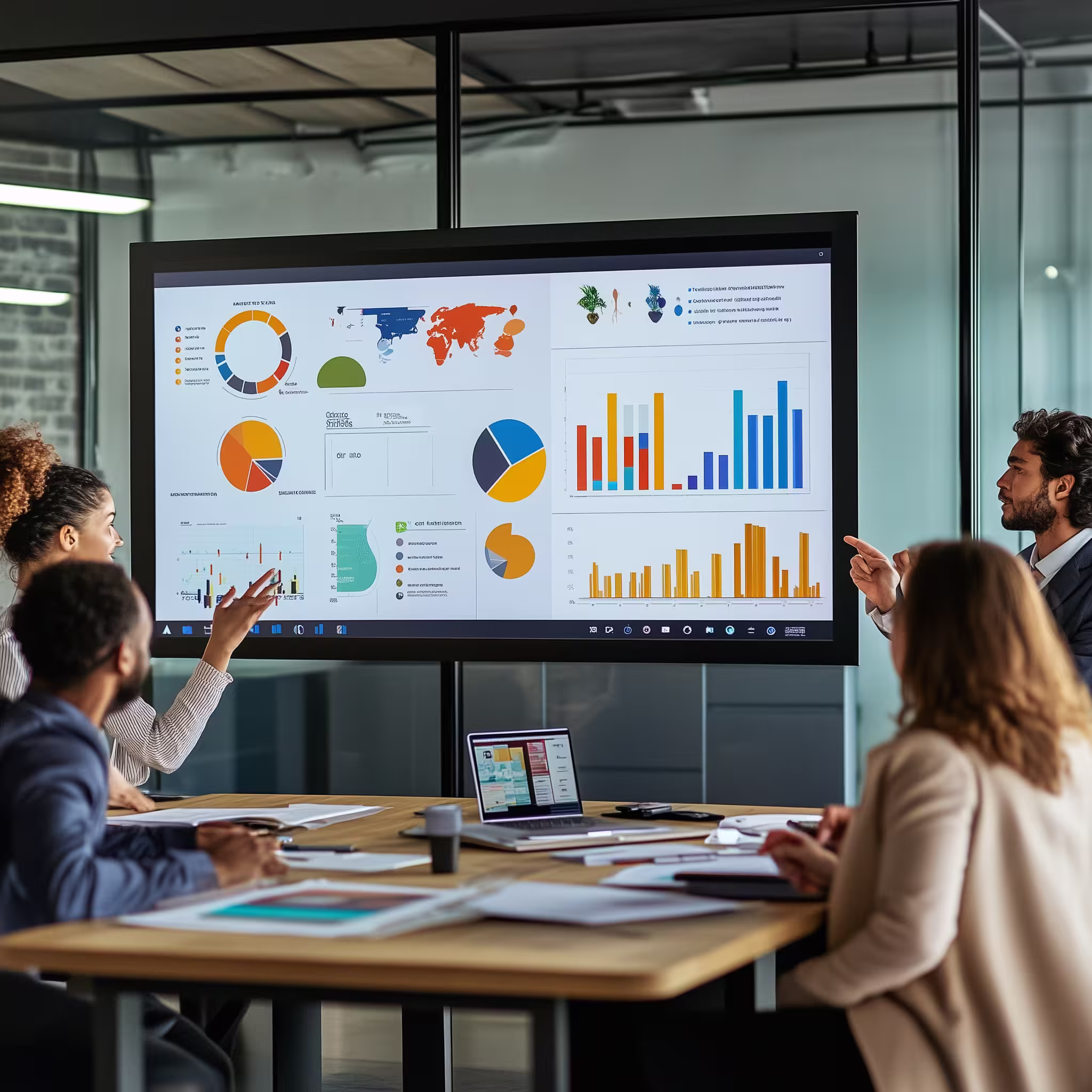 Team in a modern office discussing talent management strategies with data charts on a large screen.