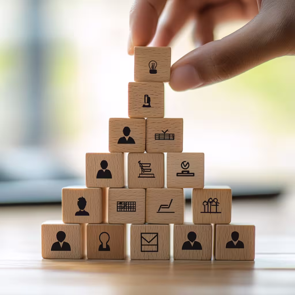 Stacked wooden blocks with people icons, representing talent management, workforce alignment, and organizational success.
