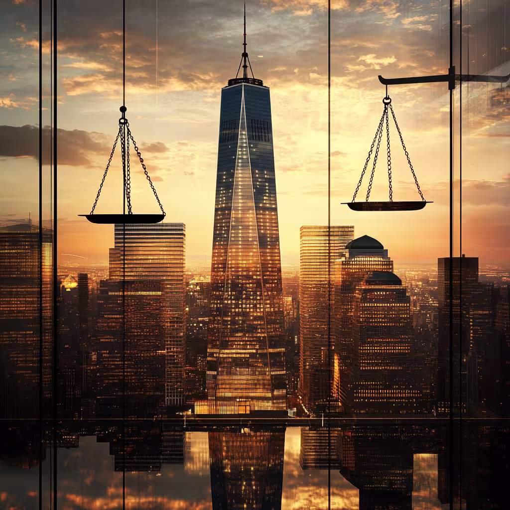 New York City skyline at sunset with justice scales, symbolizing legal complexities in mergers and acquisitions