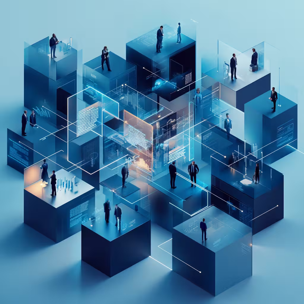 Business professionals on digital blocks, symbolizing Mergers and Acquisitions, corporate networks, and governance.