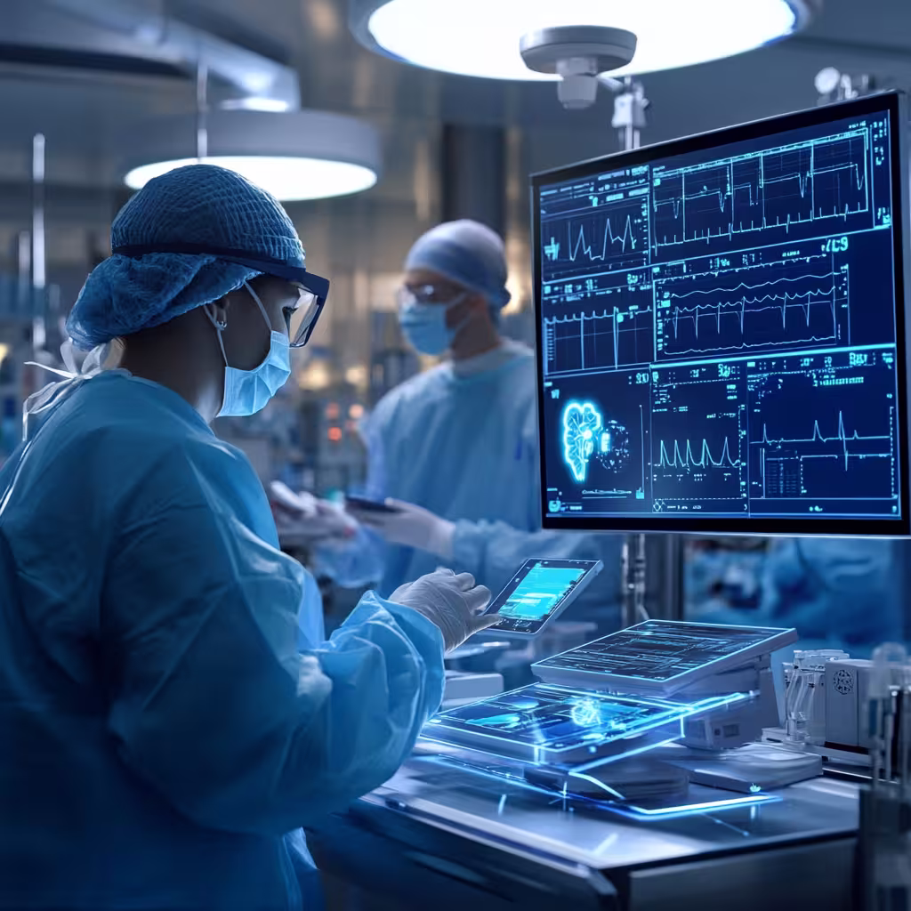 Surgeons using advanced digital health technology in a high-tech operating room, analyzing real-time holographic medical data